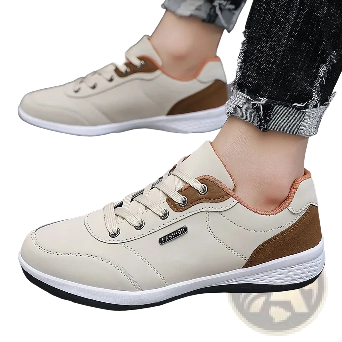 Men leather casual sneakers in beige and brown with white soles featuring a fashion label for waterproof walking