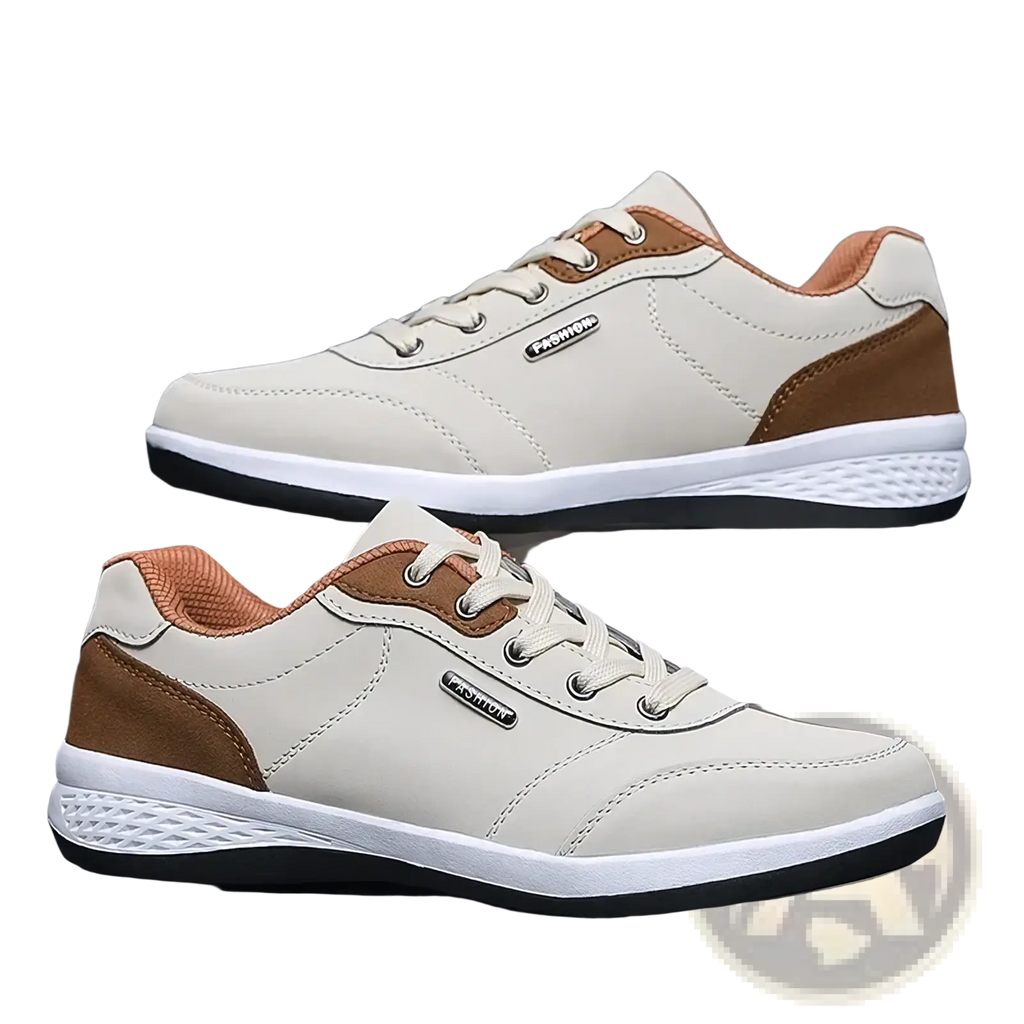 Beige and brown leather men casual sneakers with white soles featuring a sleek modern design for walking