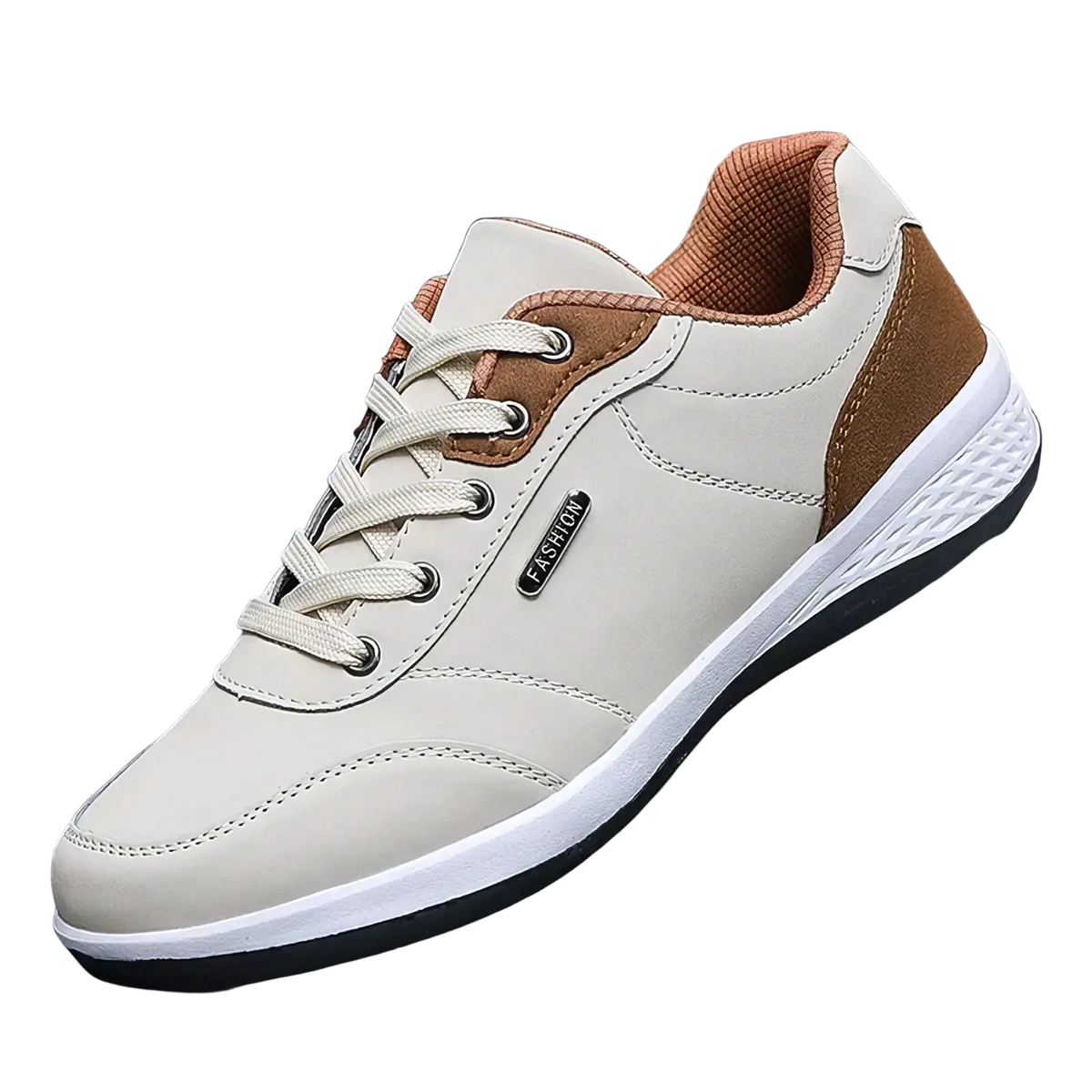 Men leather casual sneakers in cream and brown with white midsole and black outsole for waterproof walking use