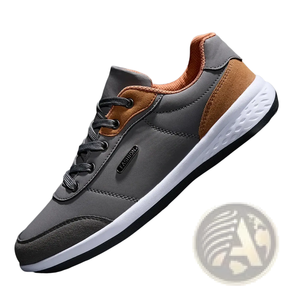 Men leather casual sneakers waterproof walking shoes in gray and brown with white rubber sole for everyday use