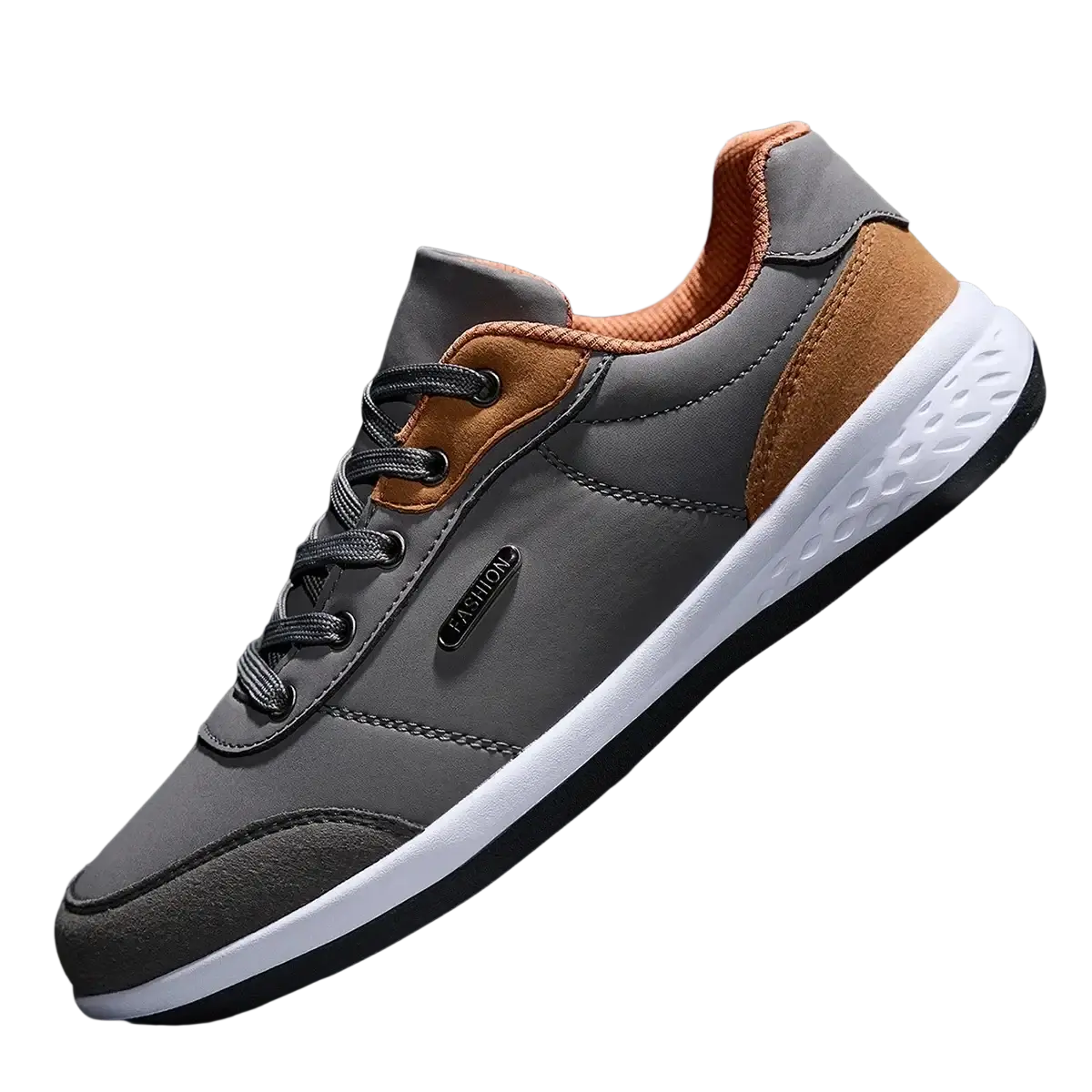 Men leather casual sneakers waterproof walking shoes in gray and brown with white rubber sole for everyday use