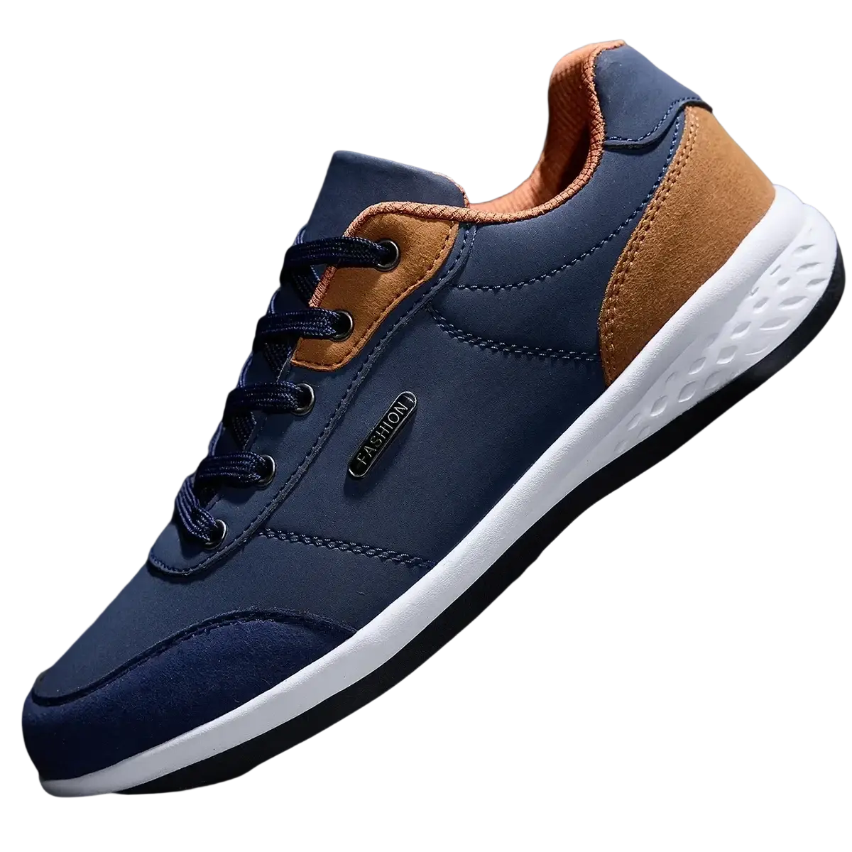 Navy blue and tan suede trimmed men leather casual sneakers with white rubber sole for waterproof walking use