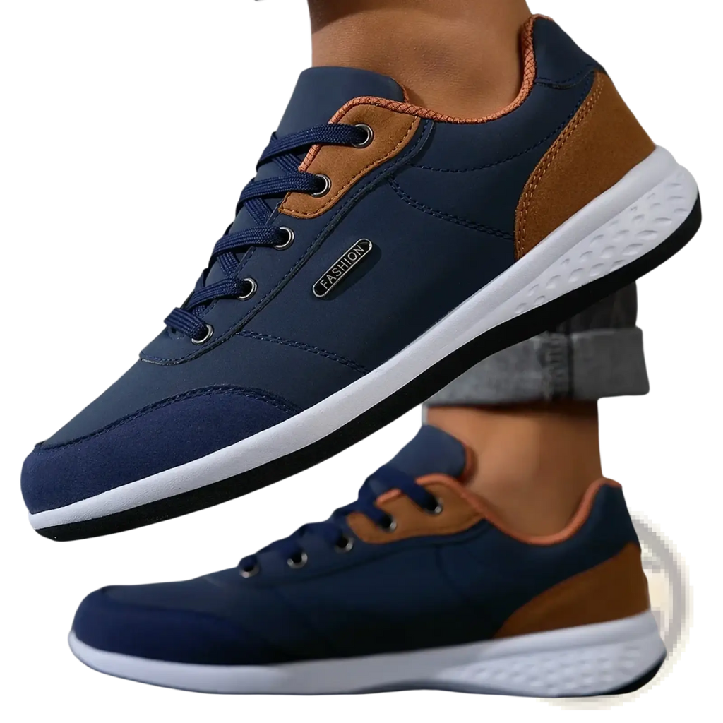 Navy blue and tan men leather casual sneaker with white rubber sole designed as waterproof walking shoes