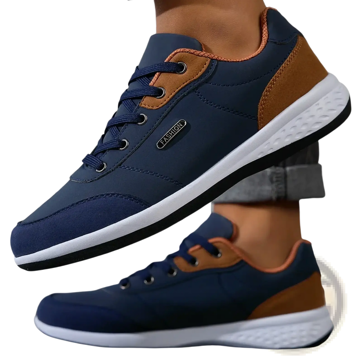 Navy blue and tan men leather casual sneaker with white rubber sole designed as waterproof walking shoes
