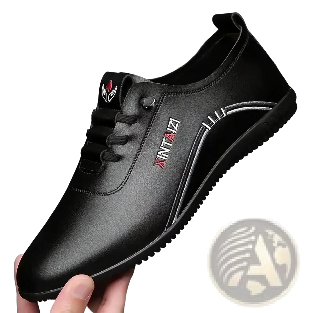 Men leather casual walking shoes in black leather with silver stitching red logo detailing and soft sole