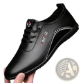 Men leather casual walking shoes in black leather with silver stitching red logo detailing and soft sole