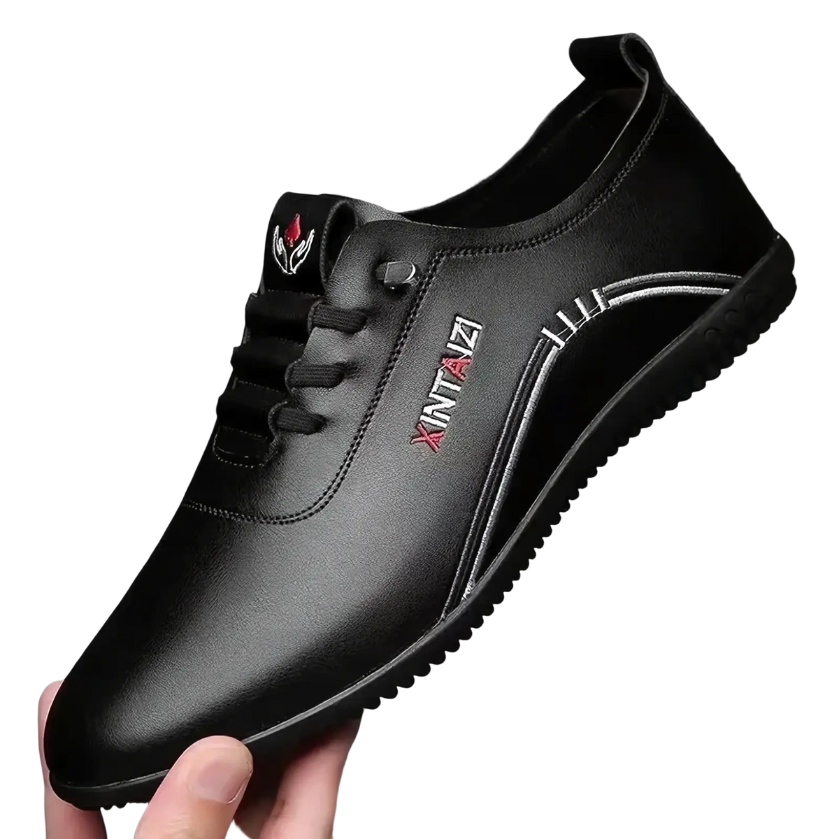 Men leather casual walking shoes in black leather with silver stitching red logo detailing and soft sole