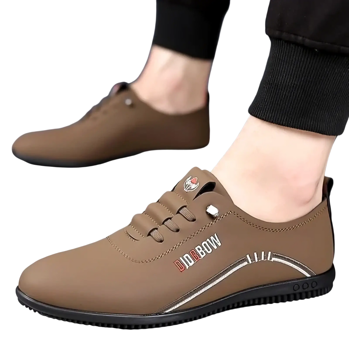 Men leather casual walking shoes in brown leather with black rubber sole and white stitching accents