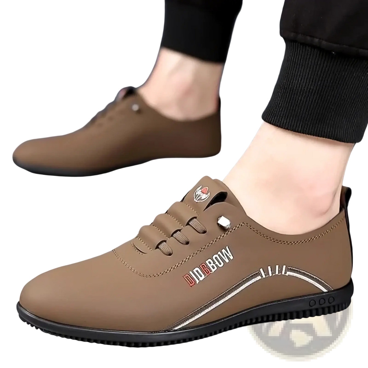 Men leather casual walking shoes in brown leather with black rubber sole and white stitching accents