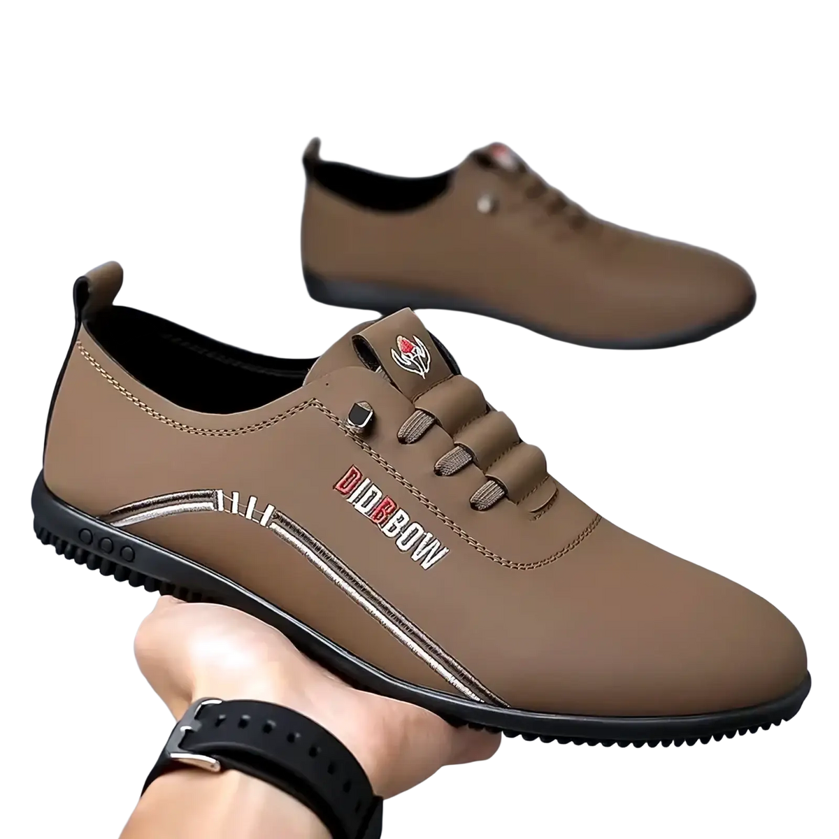 Men leather casual walking shoe in tan with soft black rubber sole and silver stitching accents