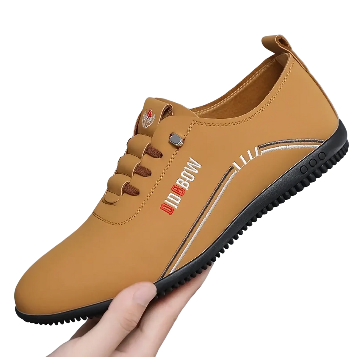 Men leather casual walking shoe in tan with brown laces black rubber soft sole and embroidered branding on the side