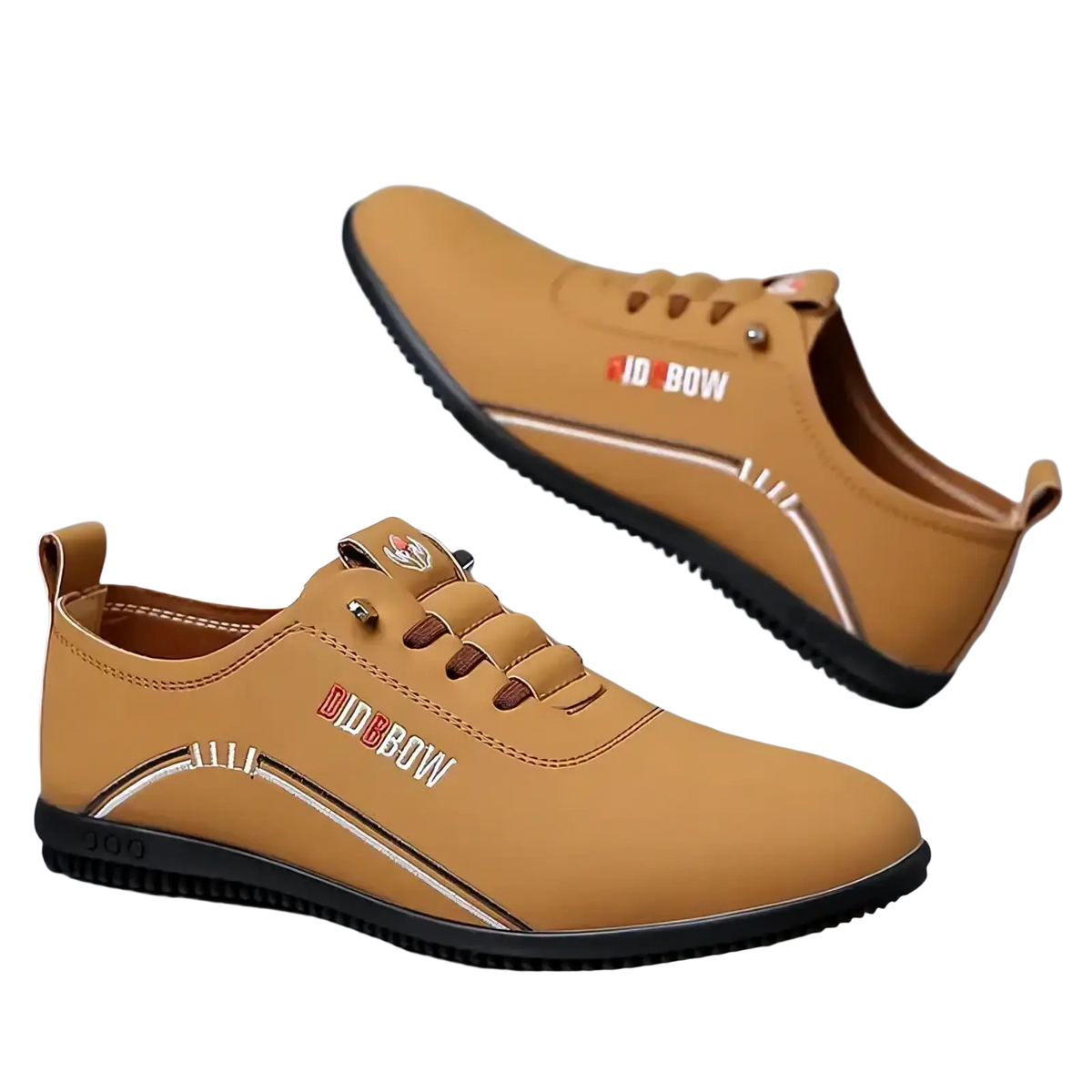 Men leather casual walking shoes in tan with soft sole black rubber and silver stitching accents