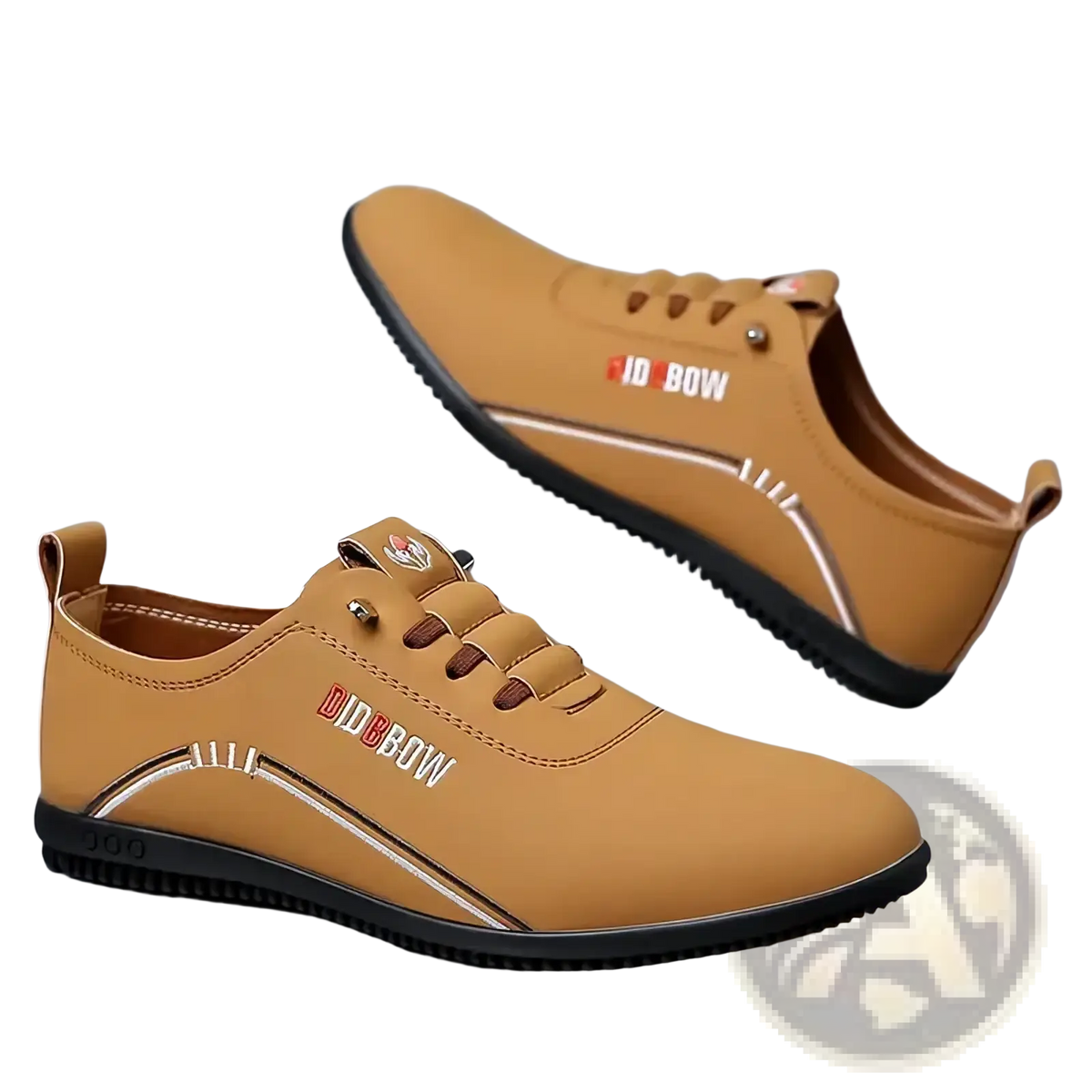 Men leather casual walking shoes in tan with soft sole black rubber and silver stitching accents
