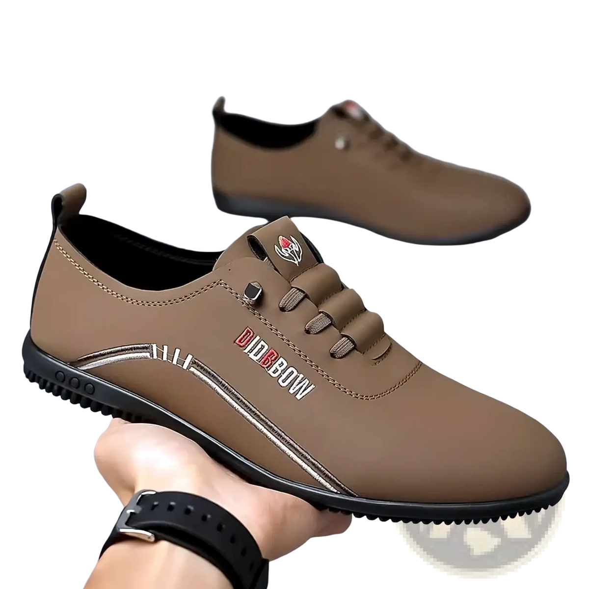 Men leather casual walking shoe in tan with soft black rubber sole and silver stitching accents