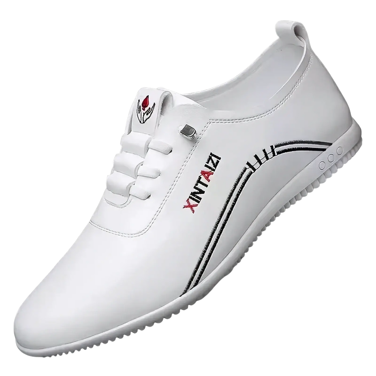 Men leather casual walking shoes in white leather with black and red branding accents and soft sole