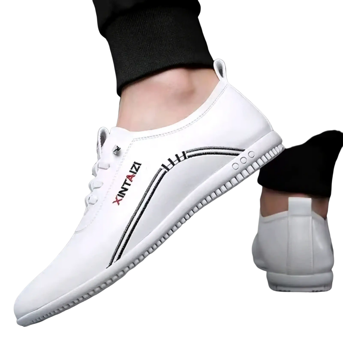 Men leather casual walking shoe in white leather with black stitching soft sole and red branding on the side