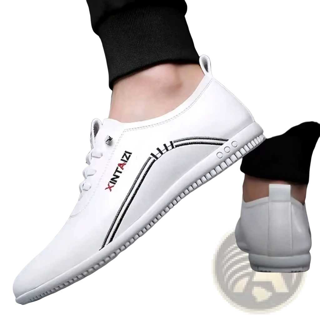 Men leather casual walking shoe in white leather with black stitching soft sole and red branding on the side