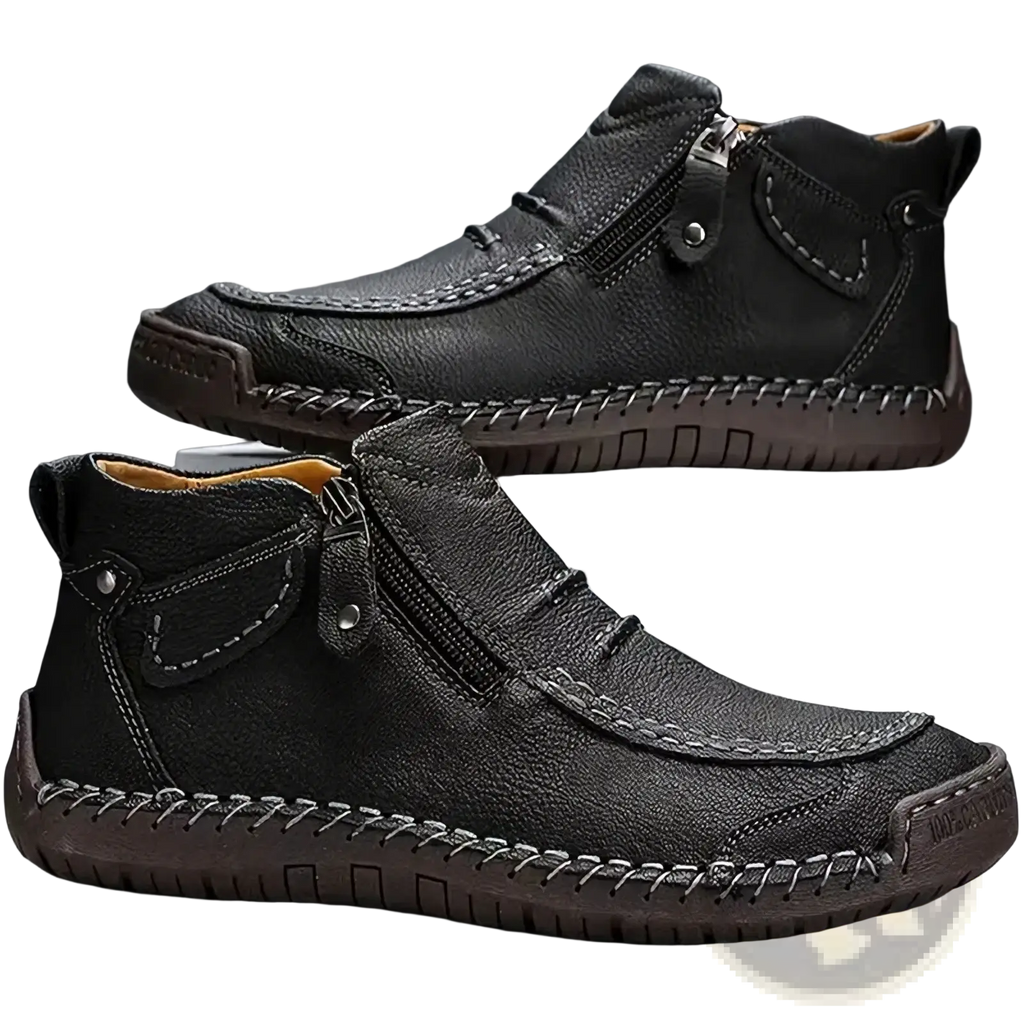 Men leather casual black ankle boots with visible stitching and side zipper for easy wear