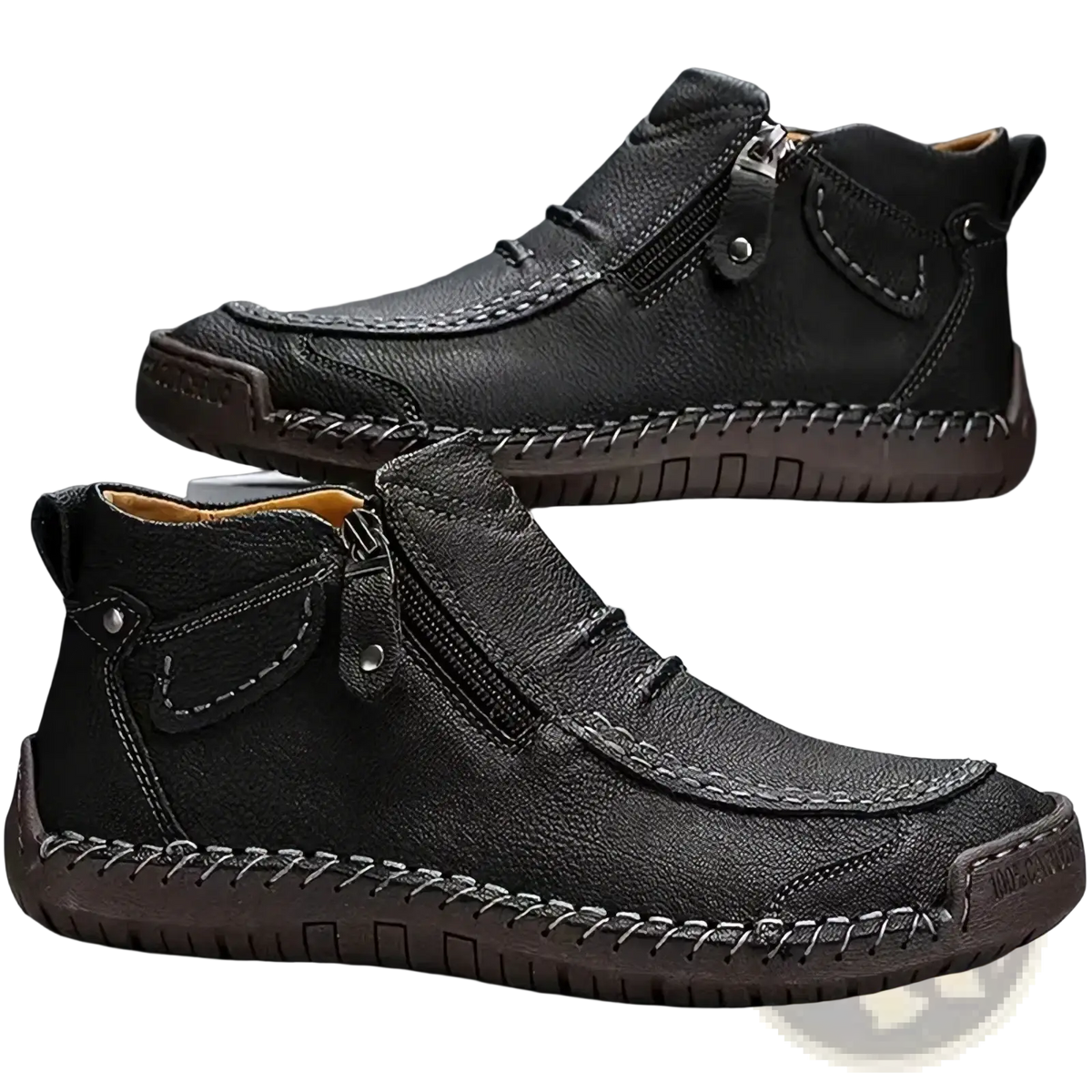 Men leather casual black ankle boots with visible stitching and side zipper for easy wear