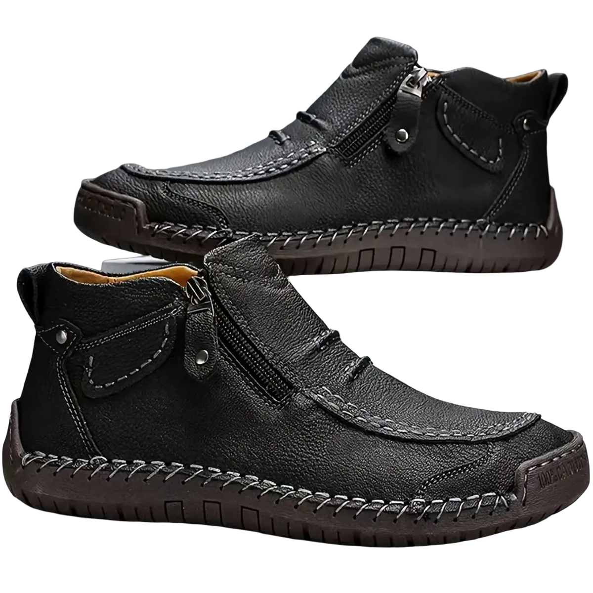 Men leather casual black ankle boots with visible stitching and side zipper for easy wear