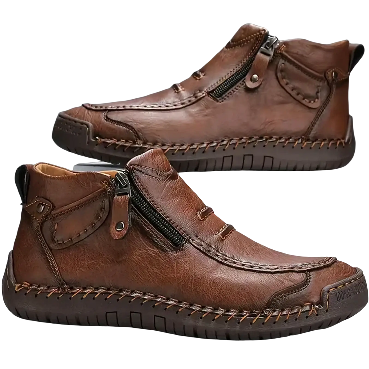 Men leather casual zipper ankle boots in brown with visible stitching and side zipper for easy wear