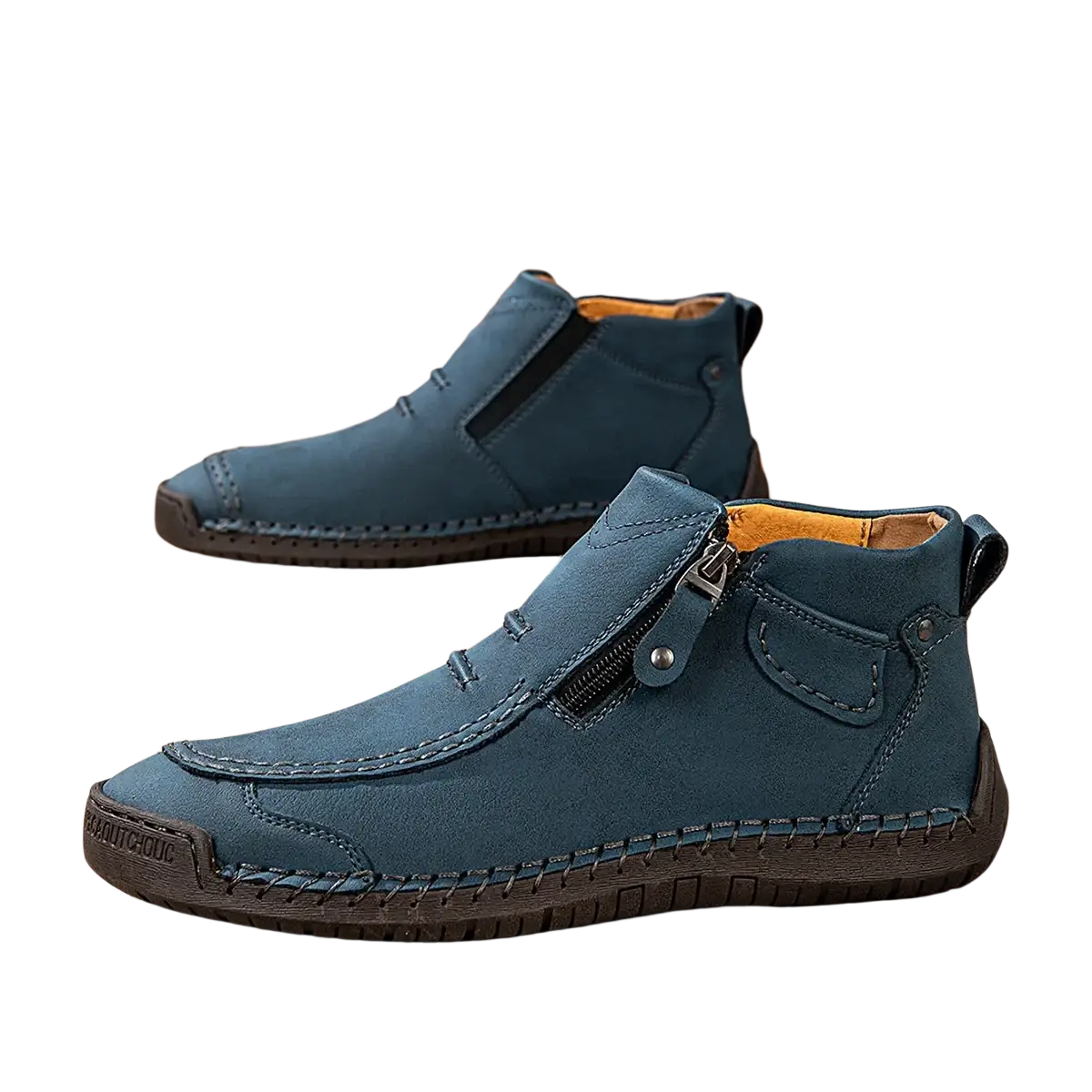 Men leather casual dark blue suede ankle boots with side zipper and contrasting orange lining