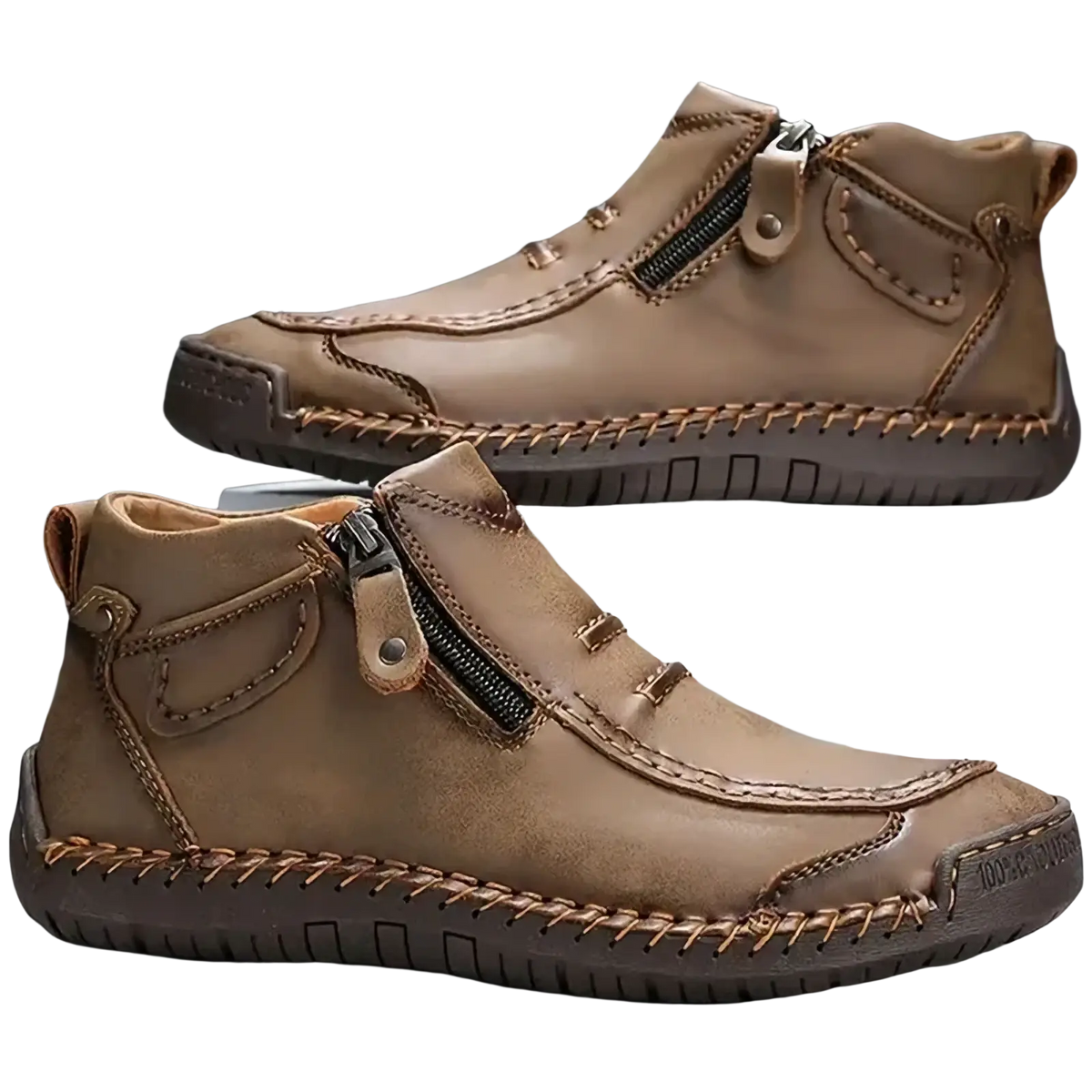 Men leather casual zipper ankle boots in tan leather with visible stitching and side zipper for easy wear