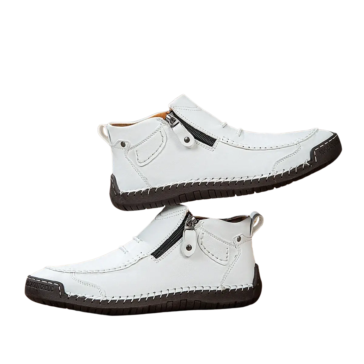 Men leather casual white ankle boots with black zipper accents and stitched detailing for stylish everyday wear