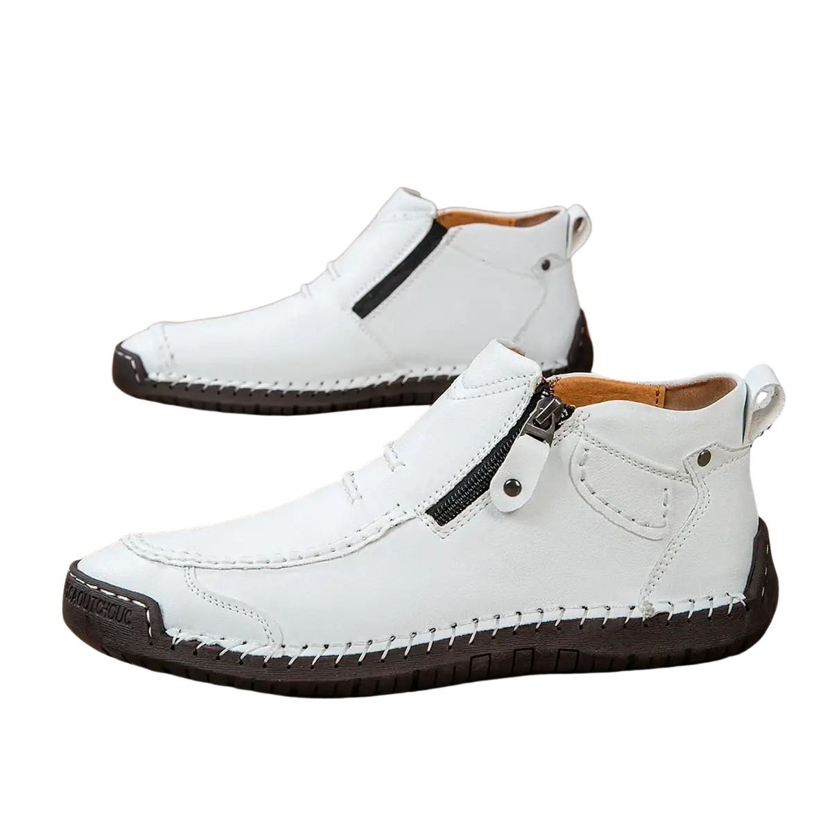 Men leather casual zipper ankle boots in white with black zipper accents and stitched detailing