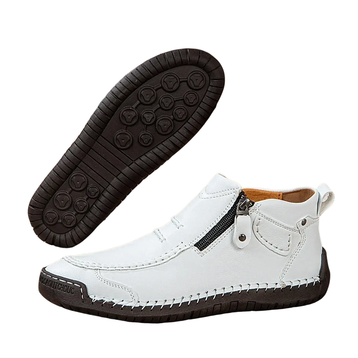 Men leather casual white ankle boots featuring black zipper and detailed stitching in leather material