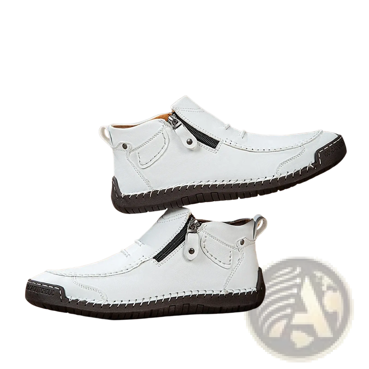Men leather casual white ankle boots with black zipper accents and stitched detailing for stylish everyday wear