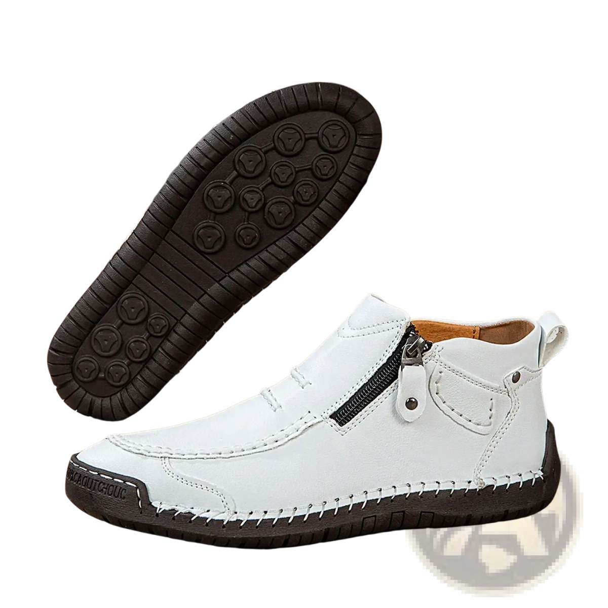 Men leather casual white ankle boots featuring black zipper and detailed stitching in leather material