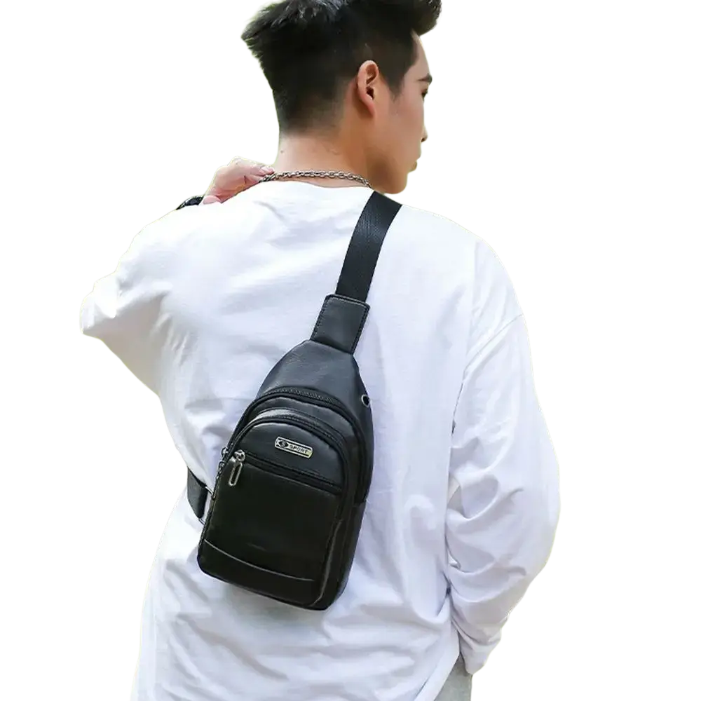 Men leather chest bag crossbody sling backpack in black leather with silver-toned zippers and minimalist bag opening method
