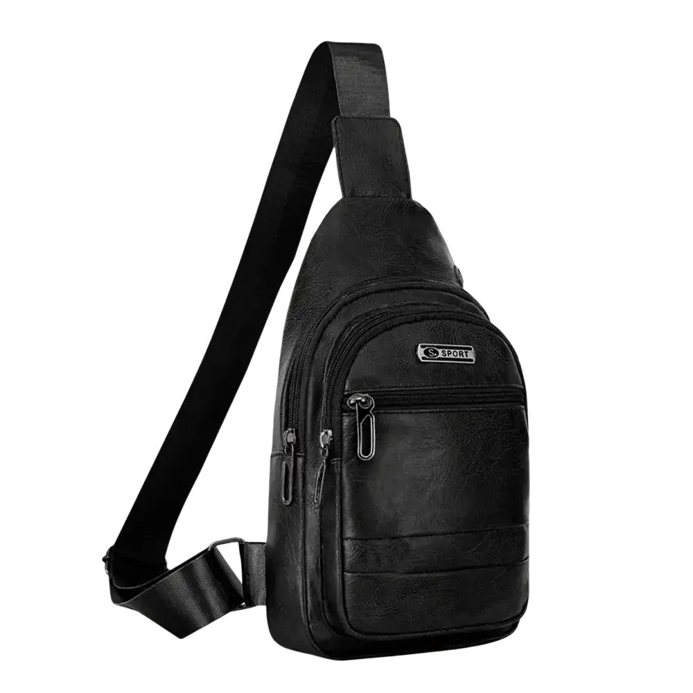 Men leather chest bag crossbody sling backpack in black with multiple zippered compartments and adjustable strap bag opening method