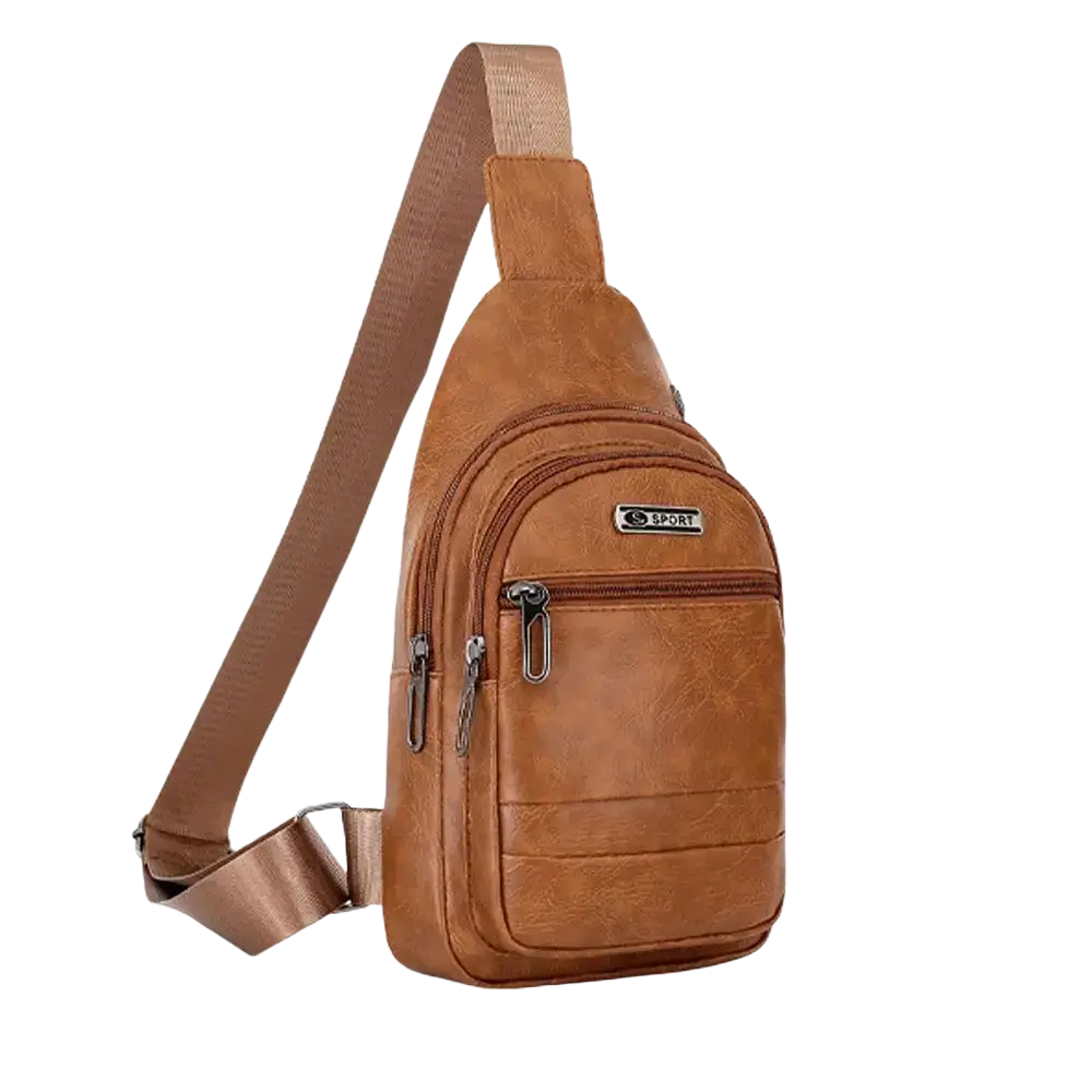 Men leather chest bag crossbody sling backpack in brown leather with multiple zippered compartments and adjustable strap bag opening method
