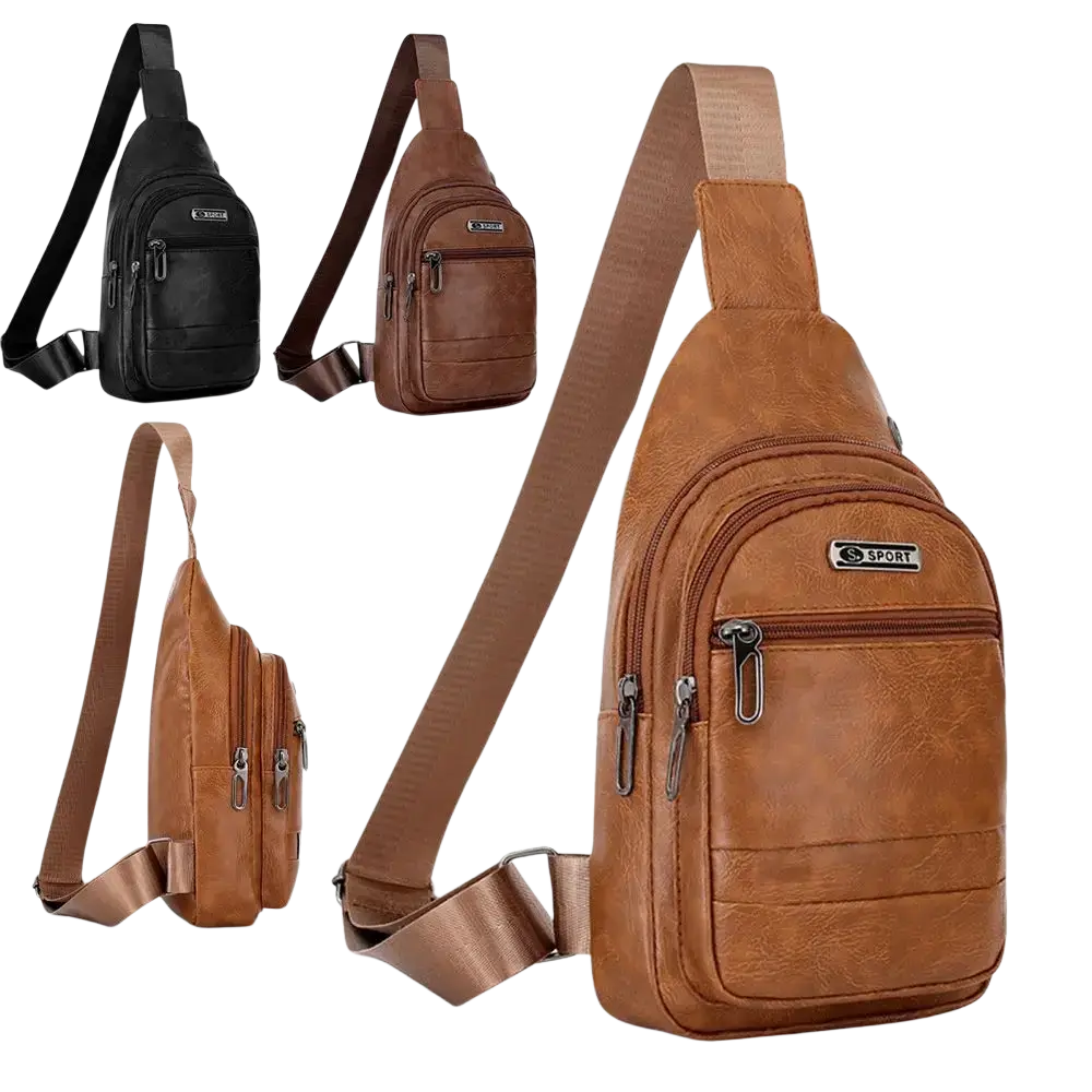Men leather chest bag crossbody sling backpack in brown leather with multiple zippers and sport logo patch bag opening method