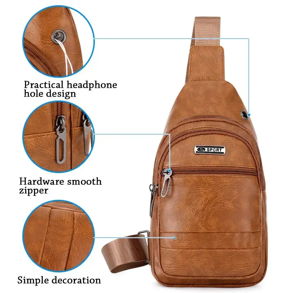 Men leather chest bag in brown with sport logo patch and smooth zipper hardware bag opening method for crossbody use