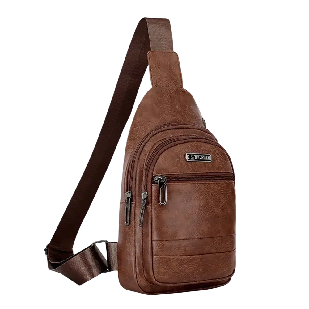 Dark brown leather men chest bag crossbody with multiple zipper bag opening and branded patch design