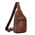 Dark brown leather men chest bag crossbody with multiple zipper bag opening and branded patch design