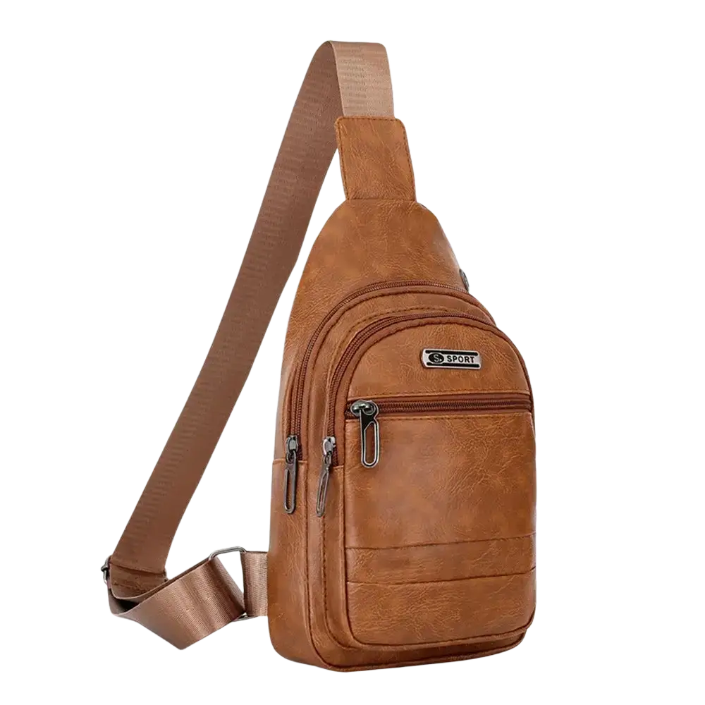 Light brown faux leather men leather chest bag crossbody sling backpack with multiple zippered compartments and adjustable strap