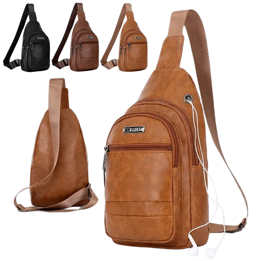 Tan leather men chest bag crossbody sling backpack with multiple zippered compartments and adjustable strap bag opening method