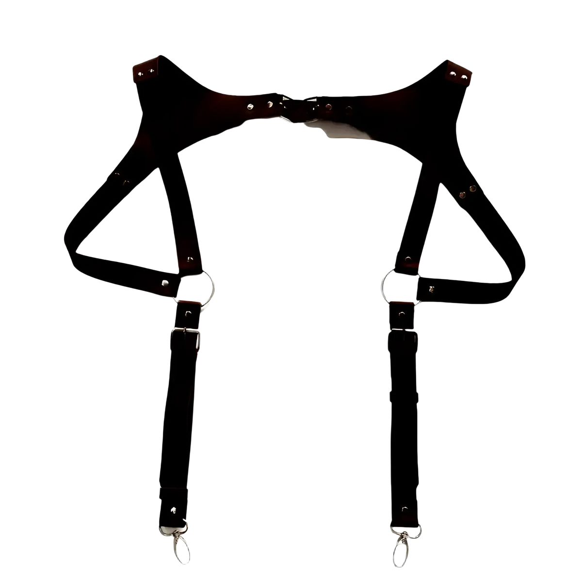 Men leather chest harness in black leather with adjustable straps and metal hardware for body support
