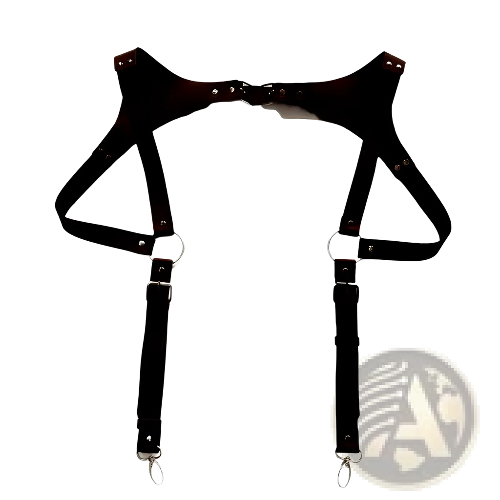 Men leather chest harness in black leather with adjustable straps and metal hardware for body support