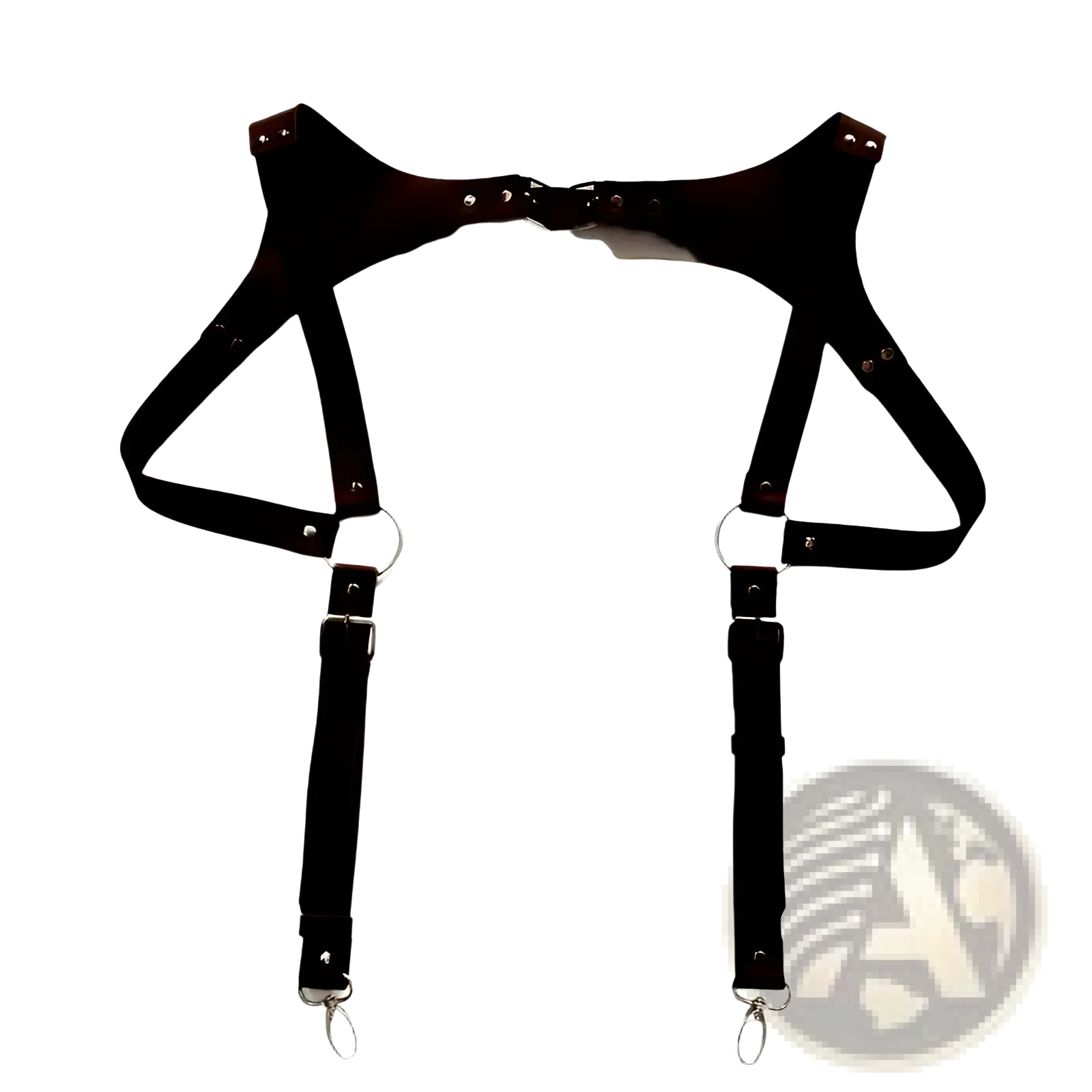 Men leather chest harness in black leather with adjustable straps and metal hardware for body support
