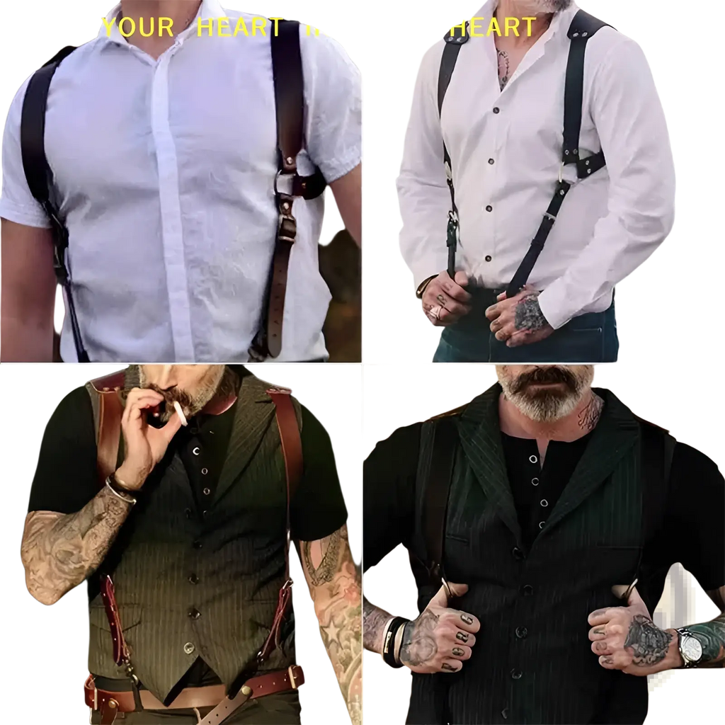 Black leather shoulder holster straps with adjustable buckles and reinforced stitching for men leather chest harness body strap