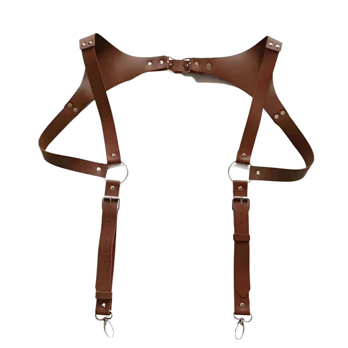 Brown leather men chest harness with adjustable straps and metal hardware for secure body fit