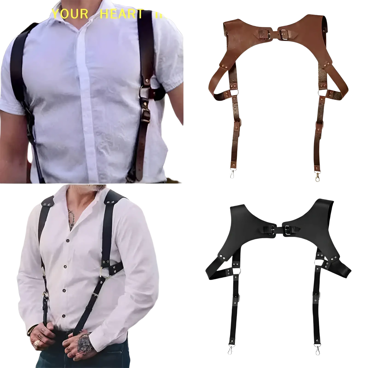 Brown and black leather men chest harness with adjustable metal buckles and clips for body strap use