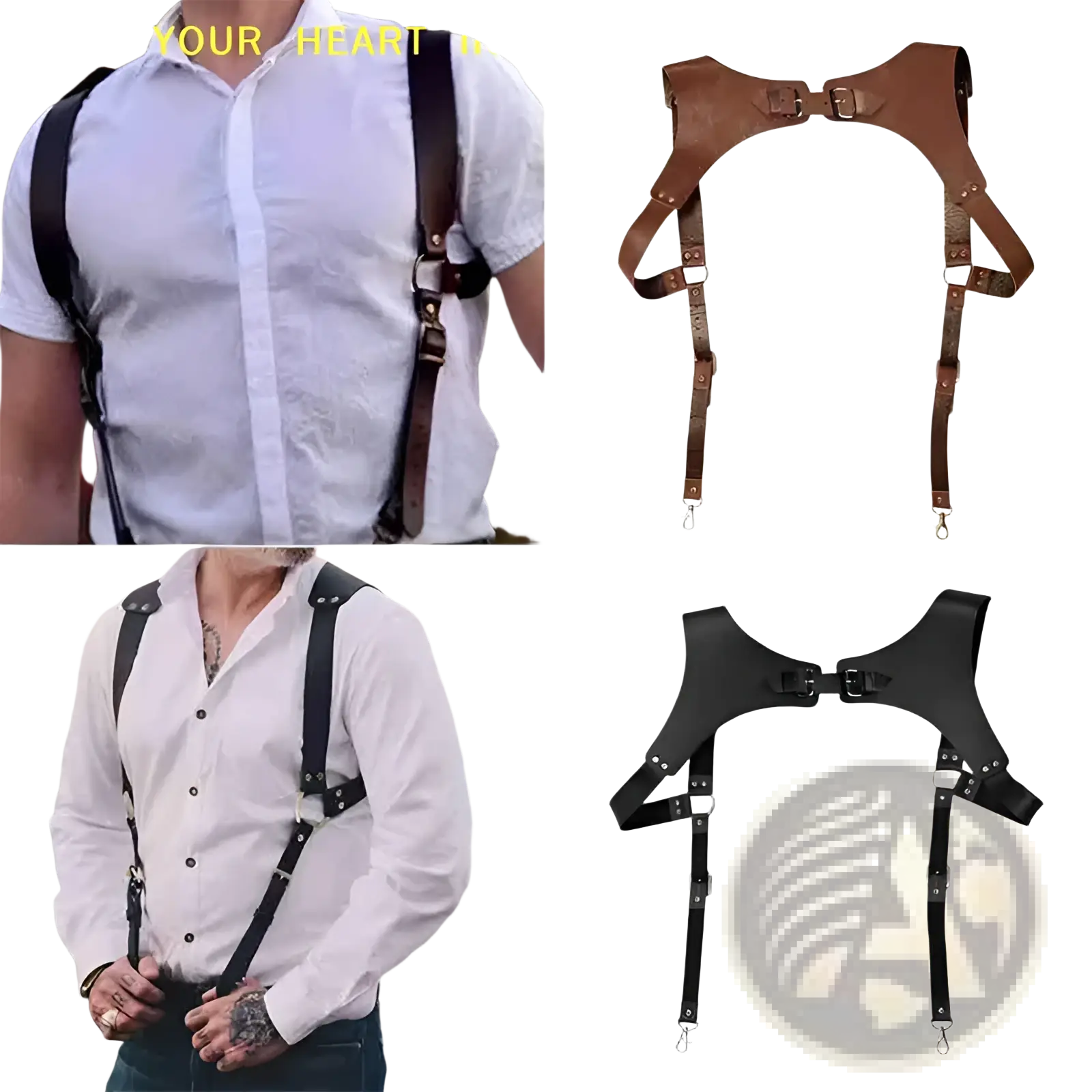 Brown and black leather men chest harness with adjustable metal buckles and clips for body strap use