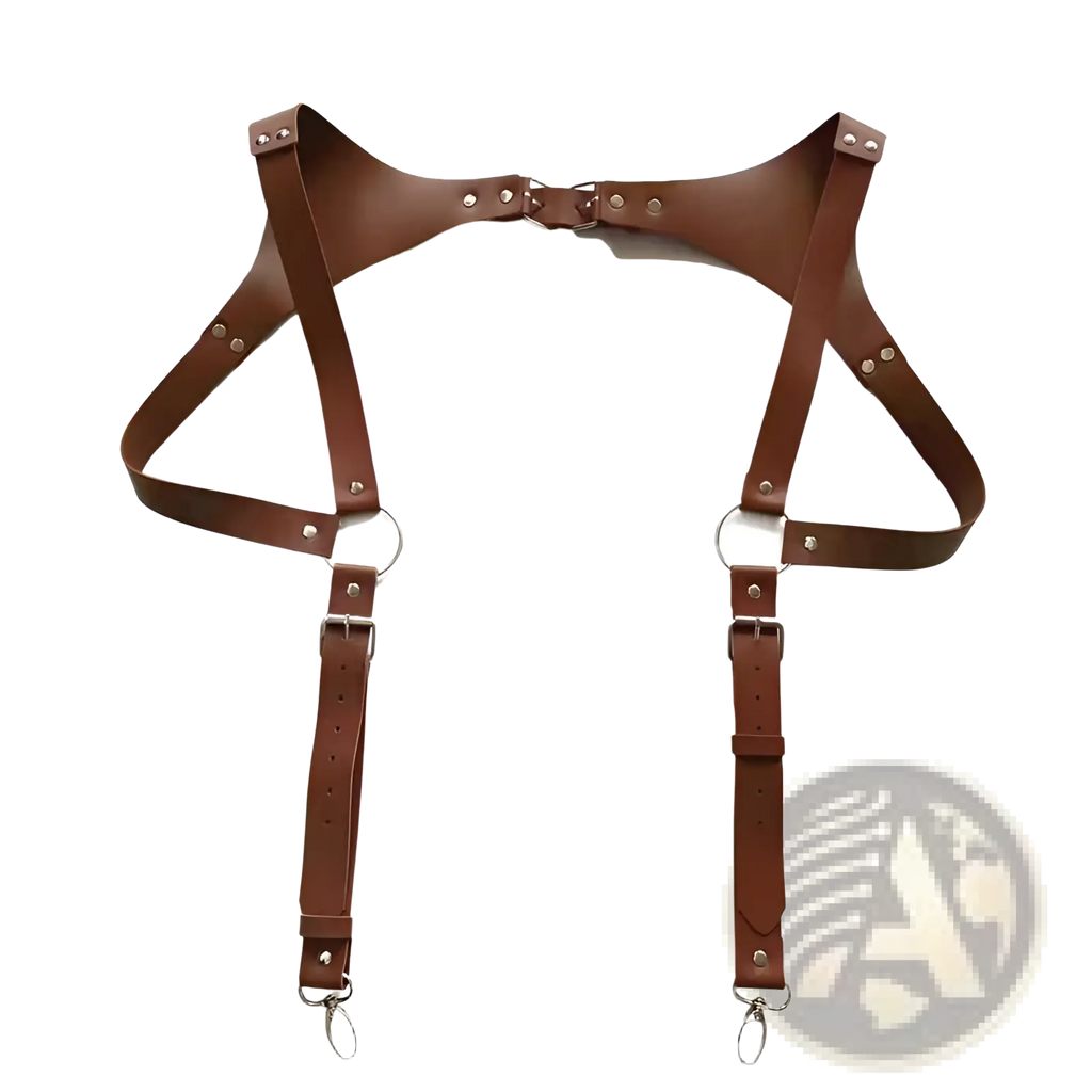 Men leather chest harness in brown with silver-toned metal hardware and adjustable straps for body fitting