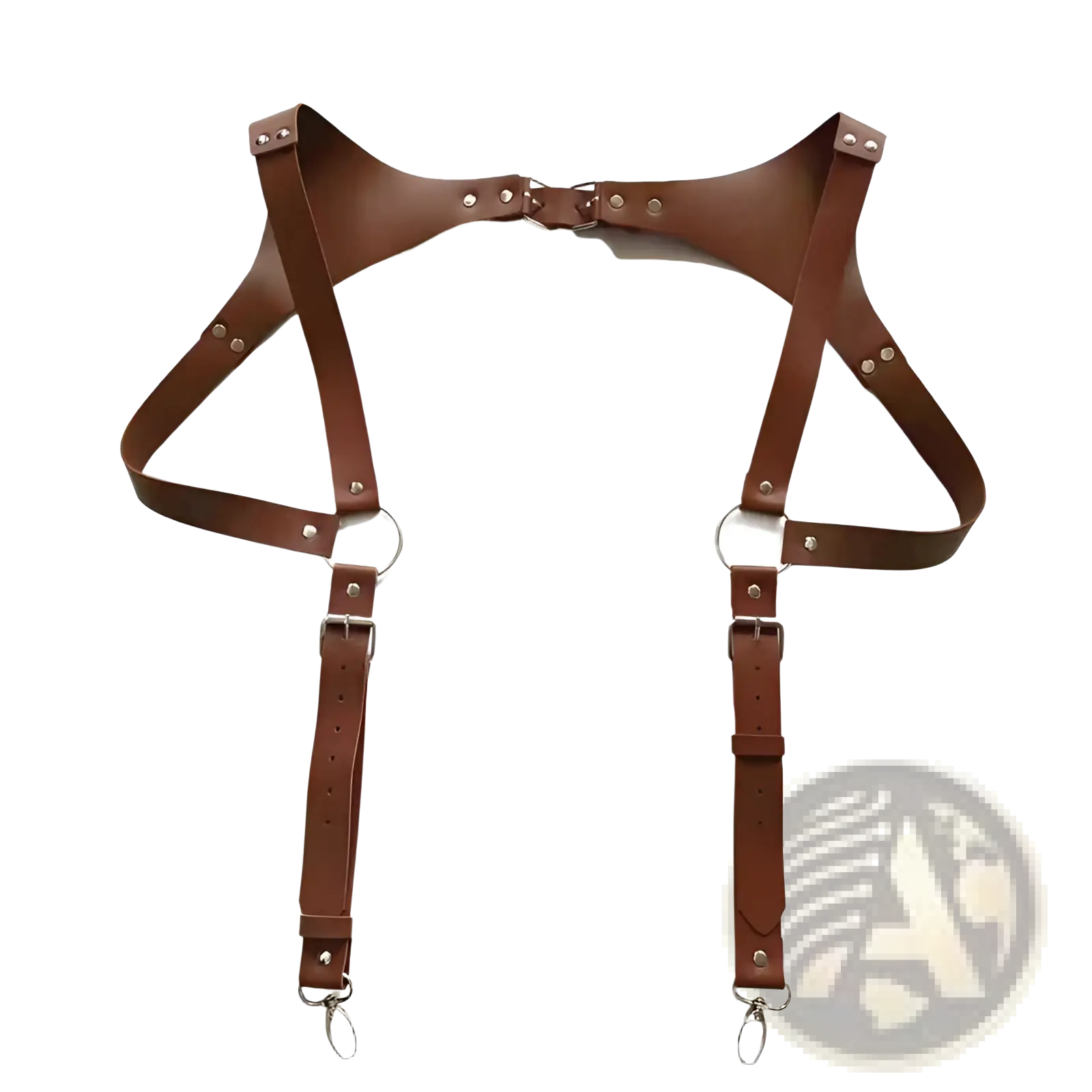 Men leather chest harness in brown with silver-toned metal hardware and adjustable straps for body fitting
